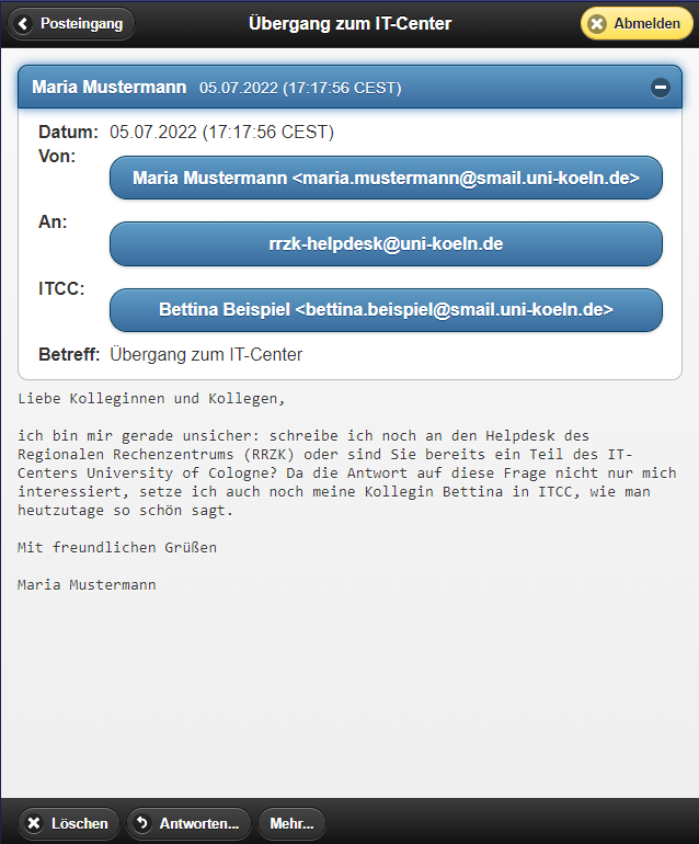 Bildschirmfoto von Webmail-Smartphone-Ansicht mit ITCC-Feld.