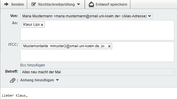 Bildschirmfoto von der Funktion zum Senden einer E-Mail mit ausgefülltem Feld ITCC