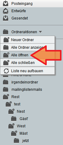 Auswahl des Punkts "Alle öffnen" aus dem Menü "Ordneraktionen"