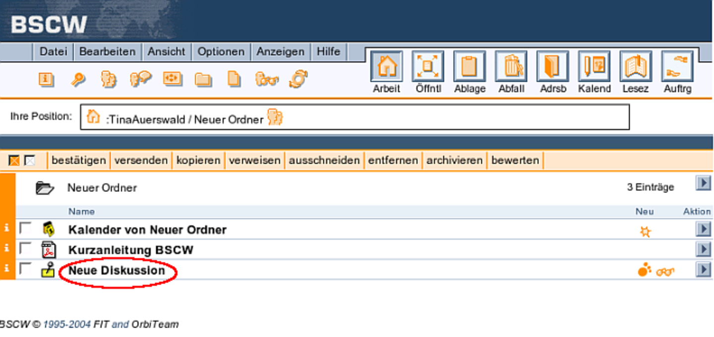 Screenshot: Neuer Diskussionsordner wurde angelegt