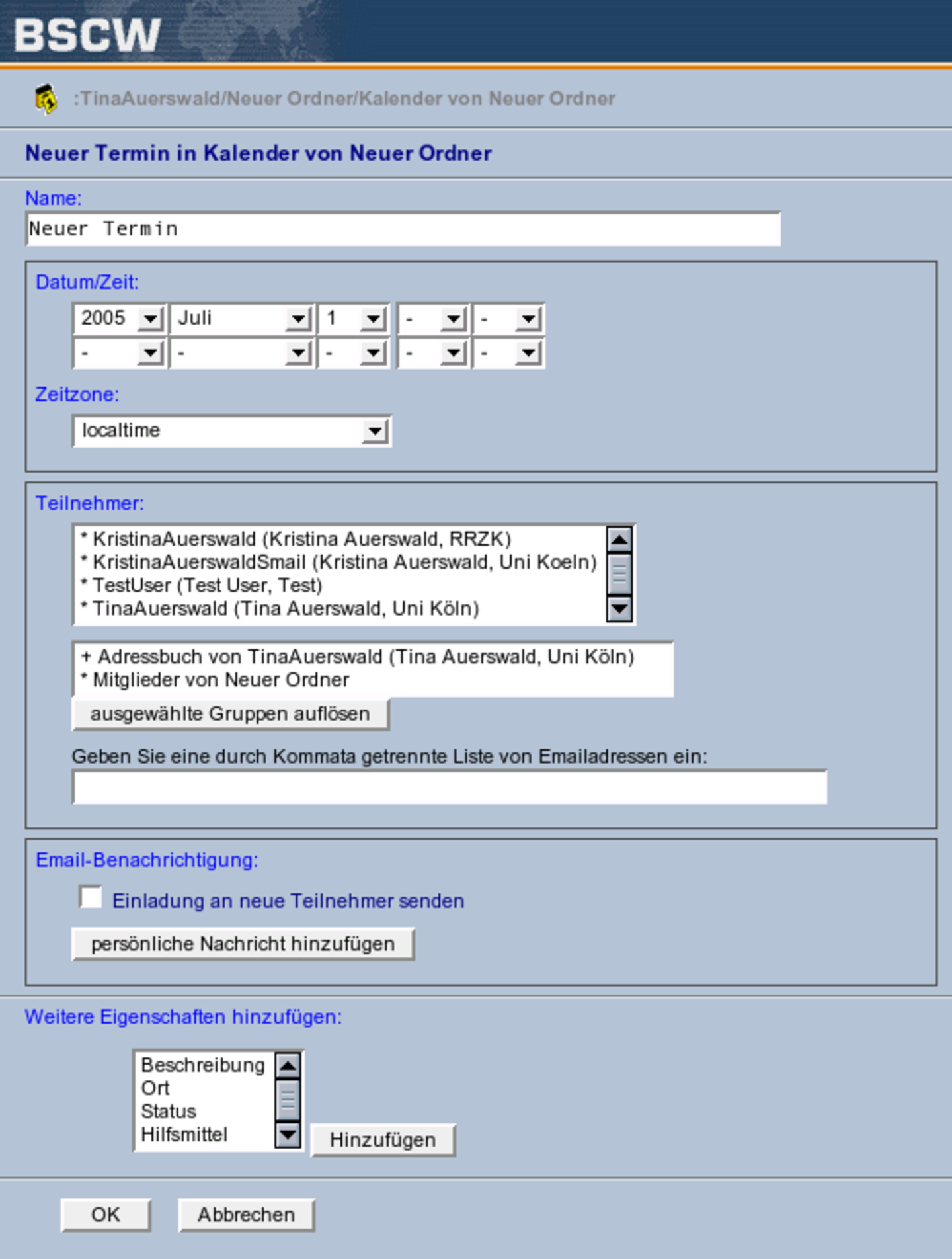 Screenshot: Termindetails bearbeiten in BSCW