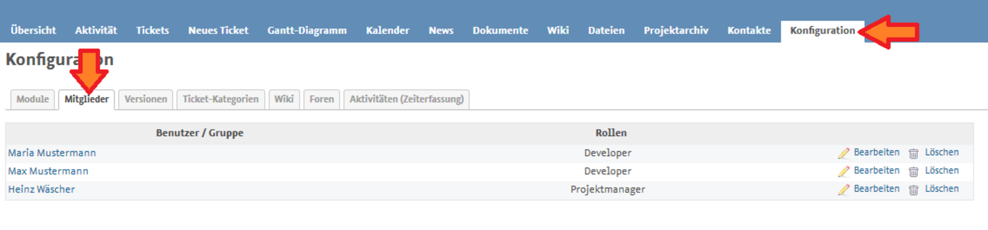 Screenshot: Benutzerverwaltung eines Projekts